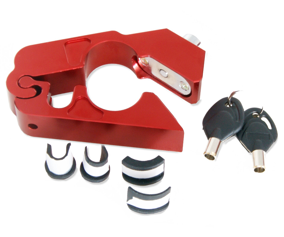 Motorradsperre Brake-Lock in rot mit Schlüsseln und Abstandseinlagen