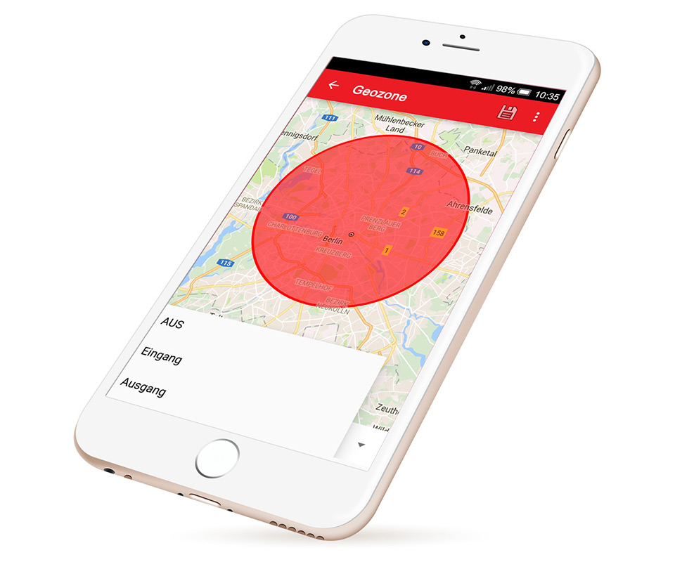 GPS-Tracker Patriot EU mit Smartphone App (Ansicht Karte mit Geozone)