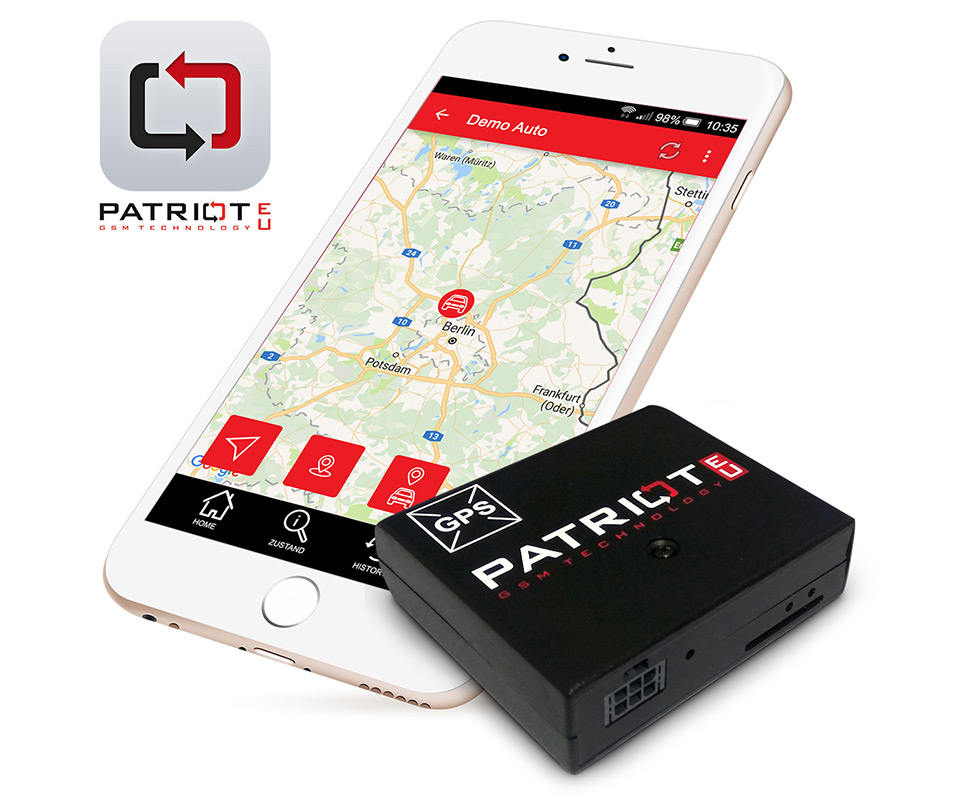 GPS-Tracker Patriot EU mit Smartphone App (Ansicht Karte) und Gerätemodul